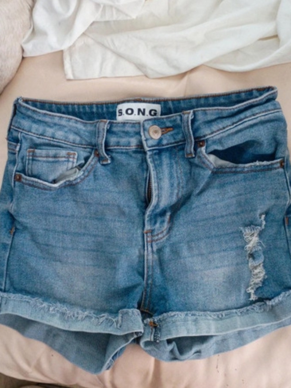 S.O.N.G. Light Blue Distressed Roll-Hem Denim Shorts